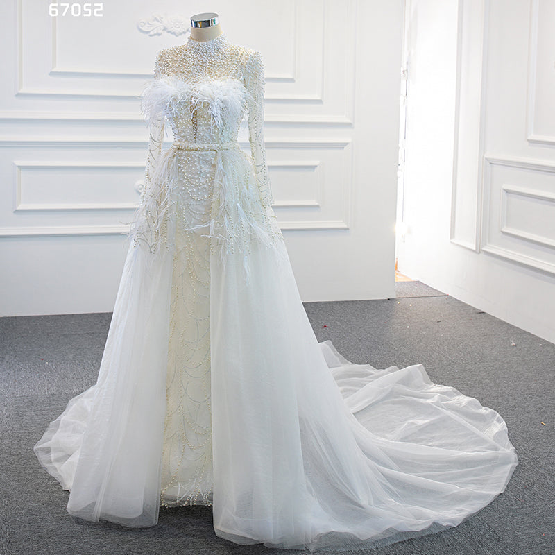Long Sleeve Crystal Detachable Train Mermaid  Wedding Dress
