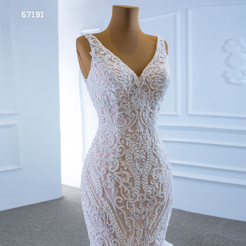 Deep V Neck Lace Applique Elegant Mermaid Women Wedding Dress - Image 7