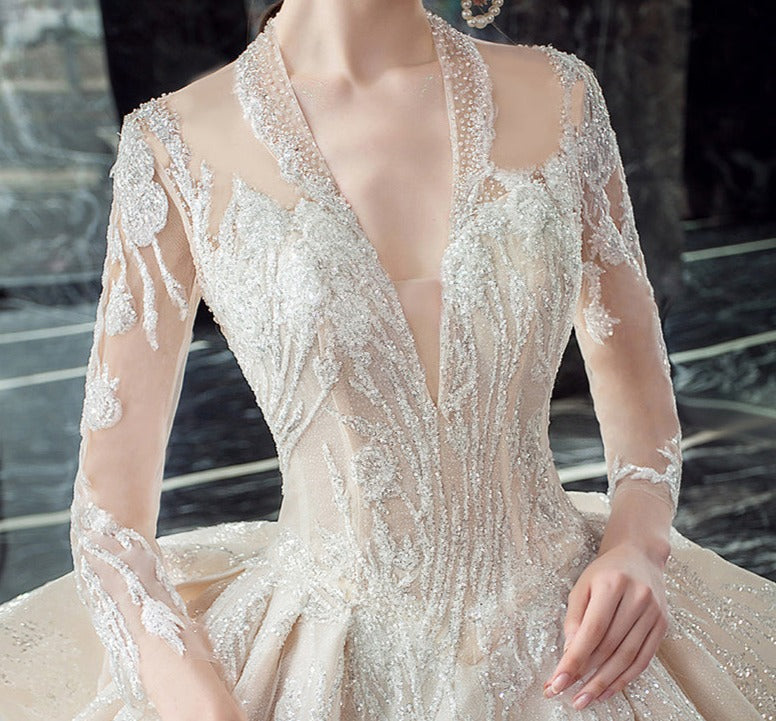 Deep V Neck Women Fashion Bridal Gowns Wedding Dresses With Sleeves - Image 4