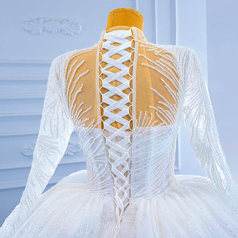 New Elegant Long Sleeve Lace Sequined Fabric Wedding Dress - Image 6