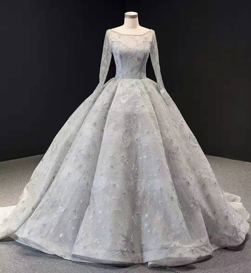 full sleeves popular applique beaded ball gown sexy prom dress