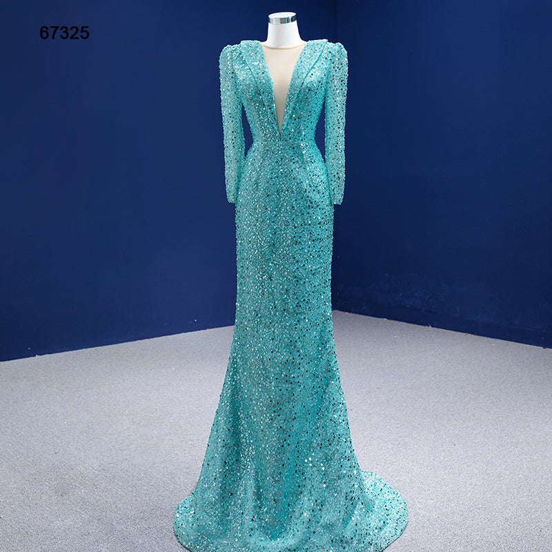 2022 New Elegant Long Sleeve Shiny Detachable Train Women's Evening Dress Party