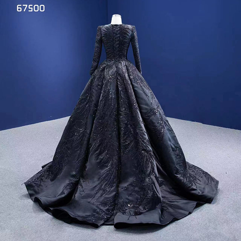 Ladies Evening Dress Latest Design Elegant Long Sleeve Black Beaded Prom Evening Dress - Image 3