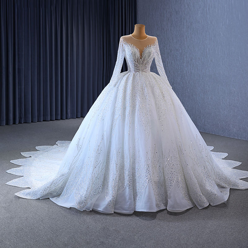 J Luxury V Neck Shine Bridal Gown Long Sleeves High Quality Lace Bling Wedding Bride Gown
