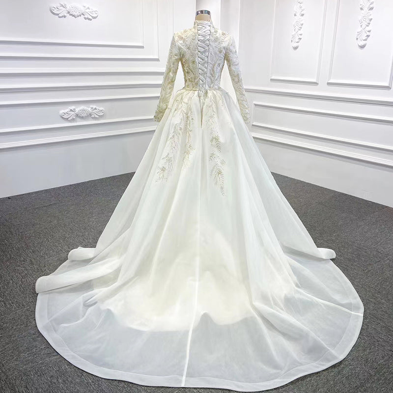 High Neck Long Sleeve Mermaid Quality Detachable Train Wedding Bridal Dress - Image 4