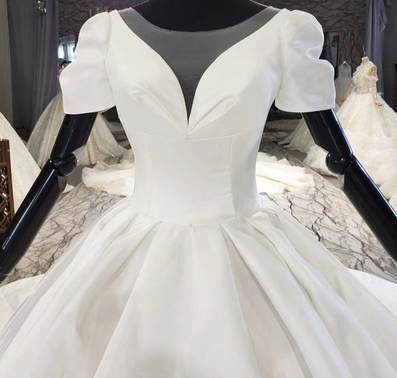 V Neek Satin White Long Train Wedding Dress Ball Gown - Image 6