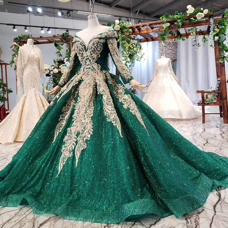 real sexy evening dresses green full sleeves gown prom dress