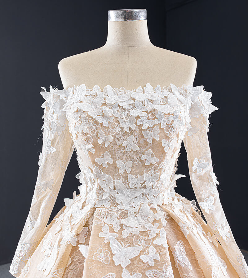Wedding Dress Champagne Elegant 3d Flower Applique Off Shoulder Long Sleeves Wedding Gown - Image 6