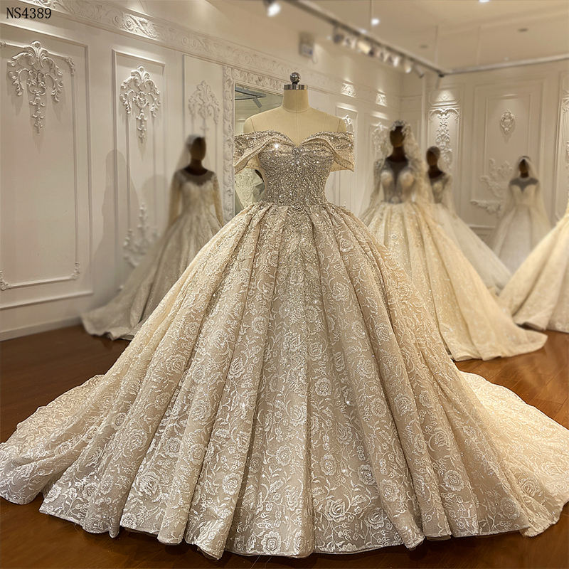 Champagne Lace Off Shoulder Bridal Ball Gown Wedding Dresses
