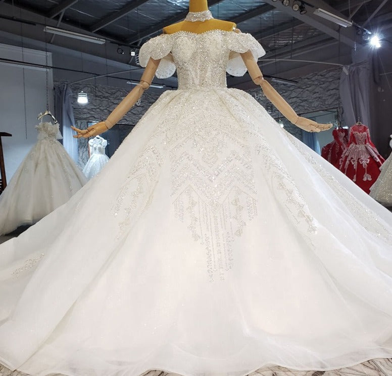 luxury romantic pearl diamond white off-the-shoulder wedding dress