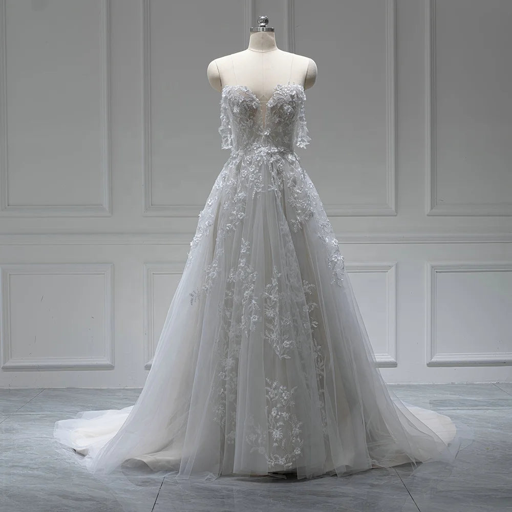 Ivory Sweetheart Off Shoulder Bridal A-line Women's Wedding Dresses With Long Tail