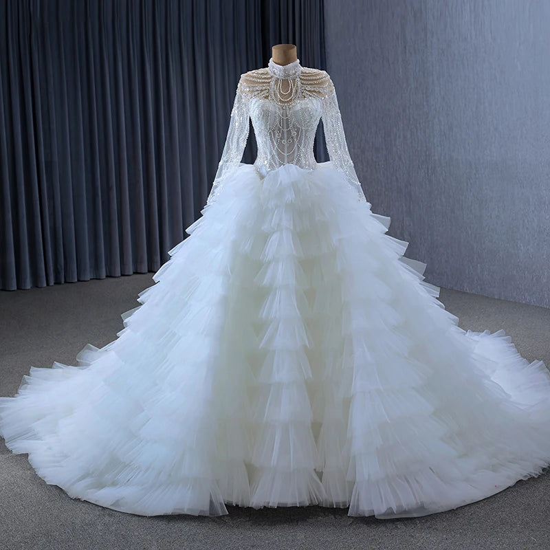 Vintage Long Sleeve Princess Wedding Dresses Handmade Beaded Sequin Openwork Lace Tiered Ruffles Sexy Bridal Gowns