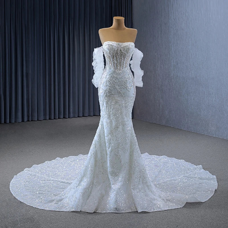 Luxury Wedding Dresses Sweetheart Detachable Long Sleeve Pearls Sequined Mermaid