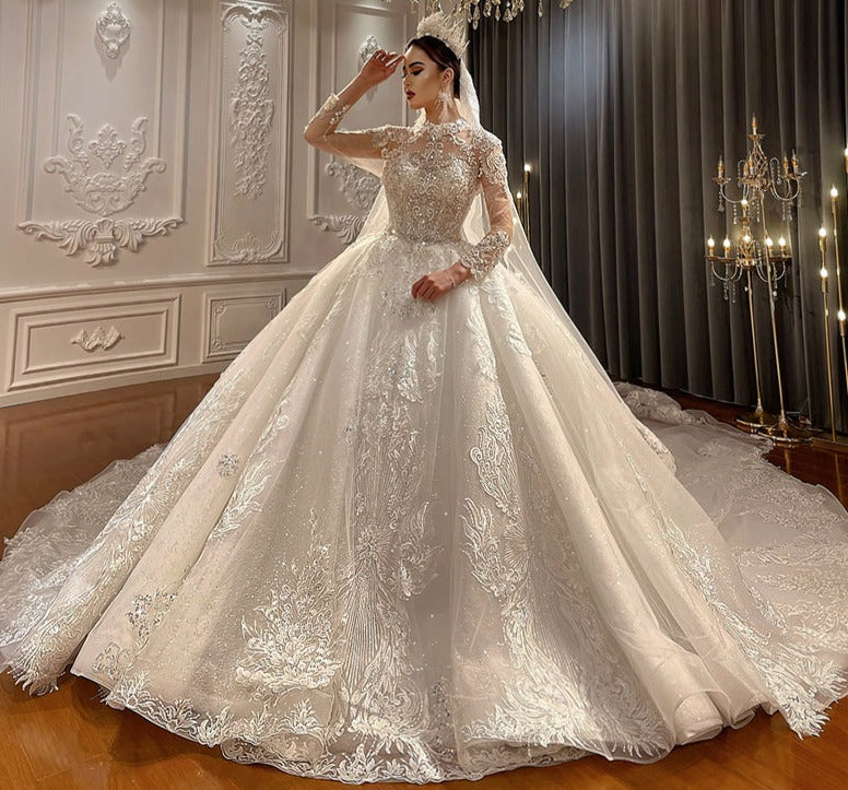 Wedding 2022 The Latest Design Of Tulle Long -Sleeved Lace Embroidered Luxury White Bride Dresses