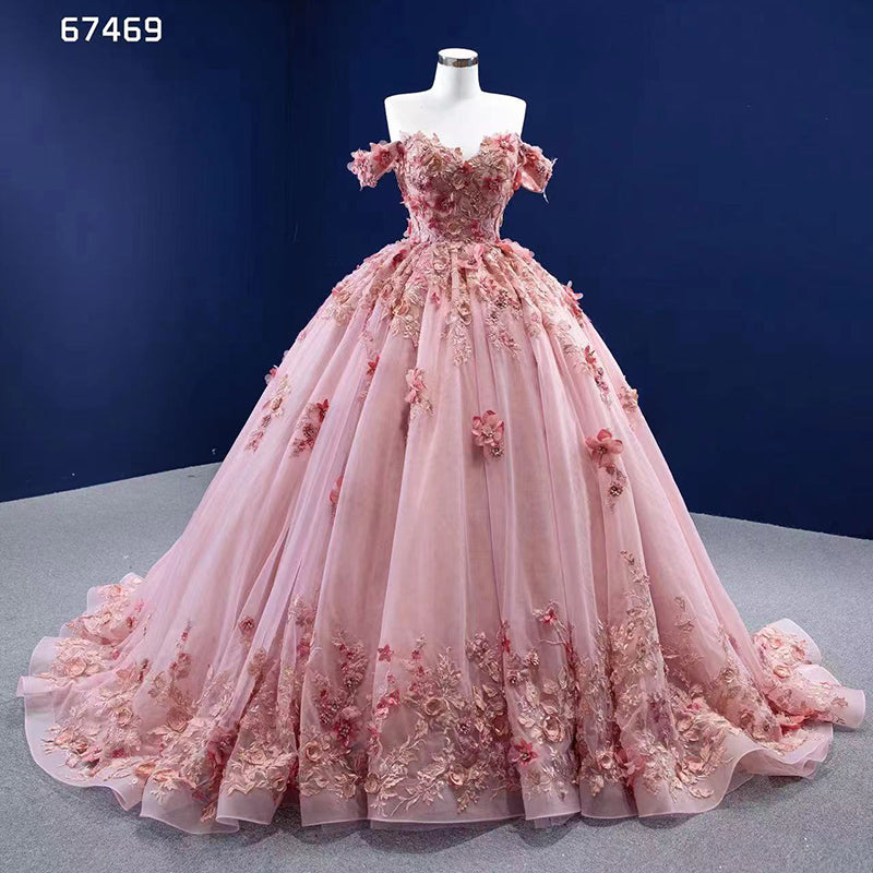 Evening Dress Elegant Luxurious Pink Embroidered Off Shoulder Lace Dress