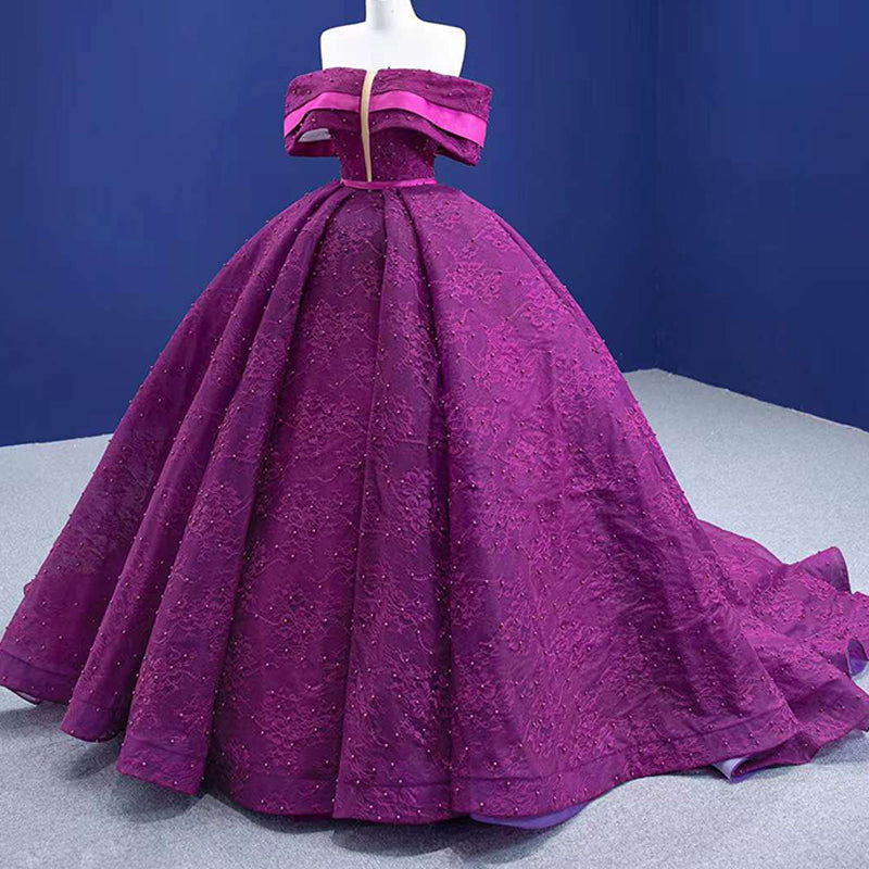 Ladies Elegant Tube Top Purple Embroidered Pearl Long Banquet Evening Dress