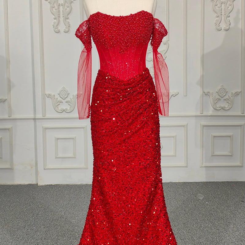 Illusion Lace Sequins Red Mermaid Party Gowns Evening Dresses - Image 2