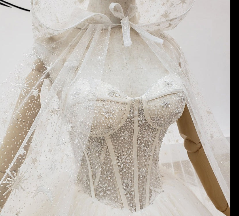 High Quality Embroidered Off Shoulder Princess With Hat Cape Wedding Dress - Image 6