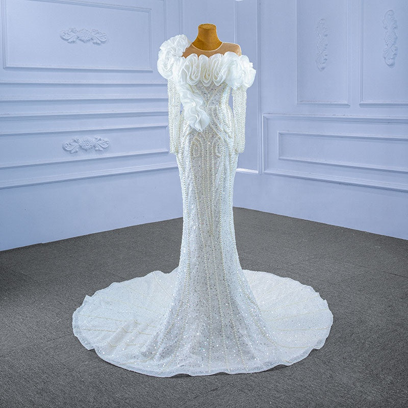 High quality handmade white tulle pearl 3d applique mermaid wedding dress