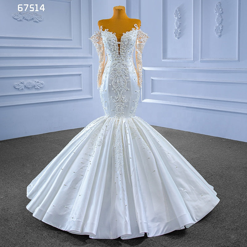 2022 Luxury Newest Design Tube Top Long Sleeve Satin Vintage Beaded Mermaid Bridal Wedding Dress - Image 3