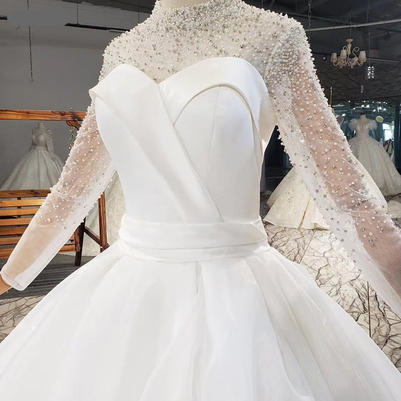 High Neck Long Sleeve Luxury Beading Crystal Wedding Dress - Image 7