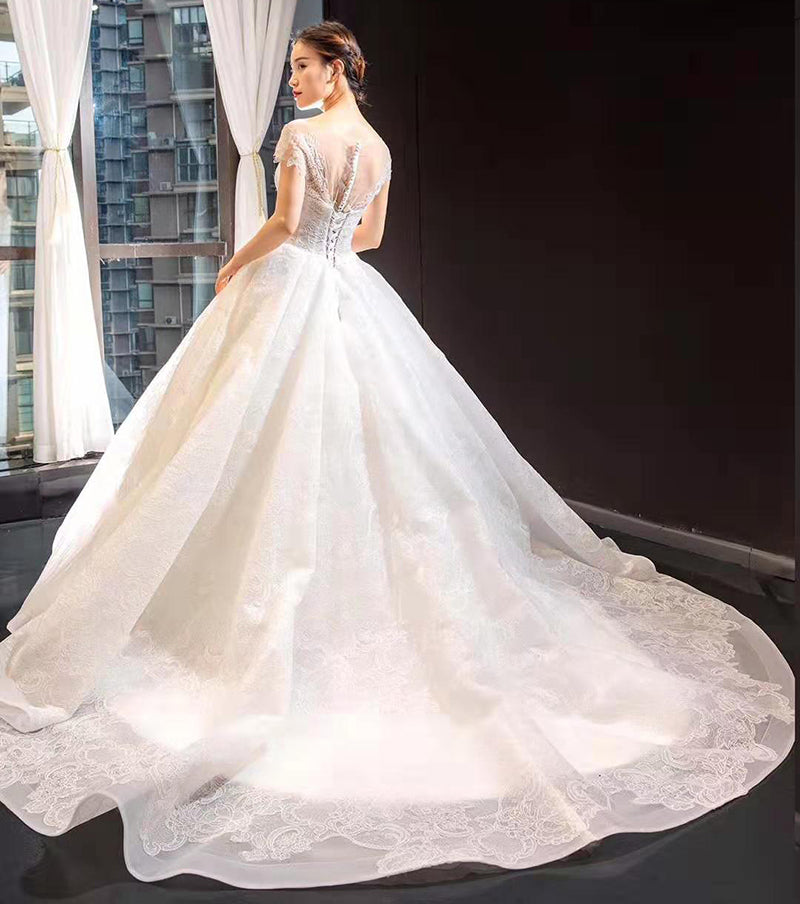 cap sleeves ball gown sweetheart long train customize wedding dresses