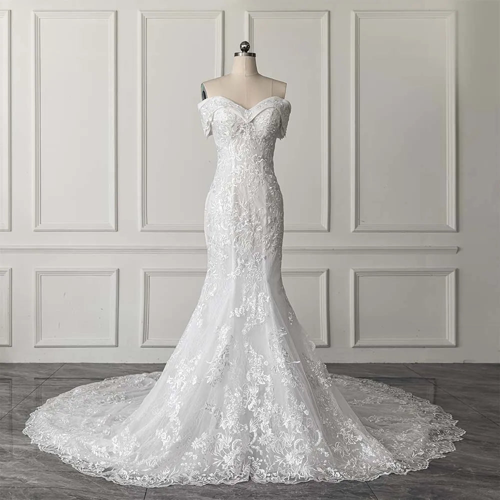 Elegant Lace Sweetheart Bridal Women's Wedding Gowns Dresses With Tail - Image 2