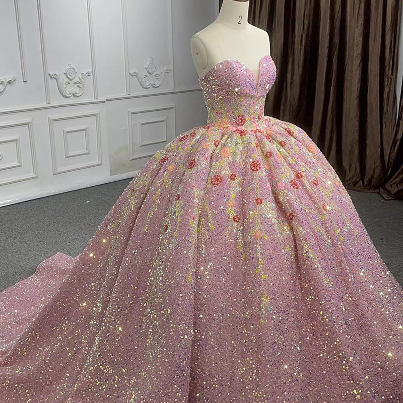 Shiny Applique Diamond Strapless Sequins Ball Gown Formal Evening Dresses - Image 3