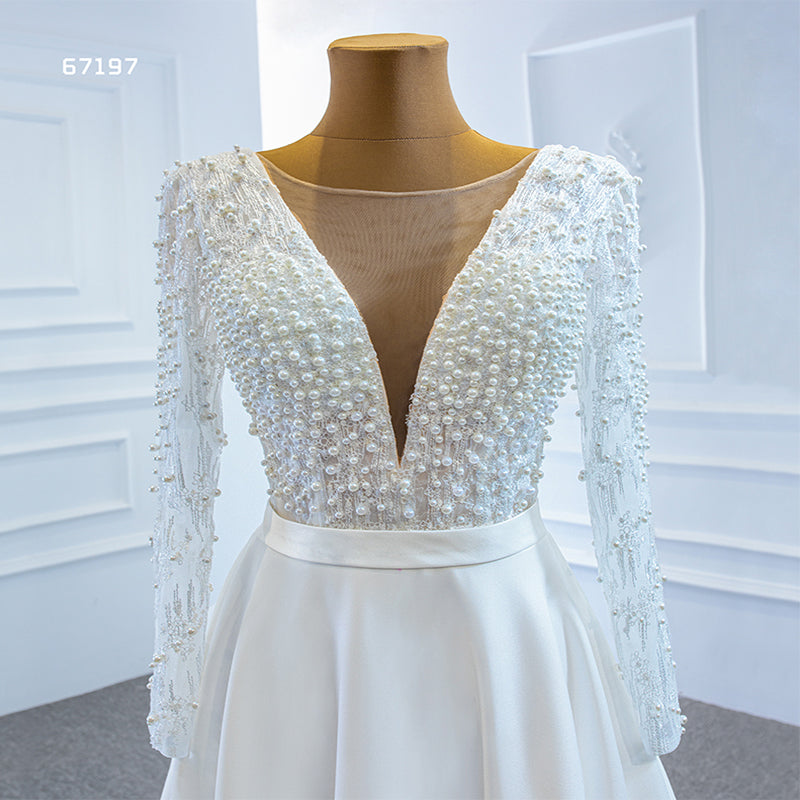 Long Sleeve Full Pearls Princess Ball Gown Wedding Dress - Image 7