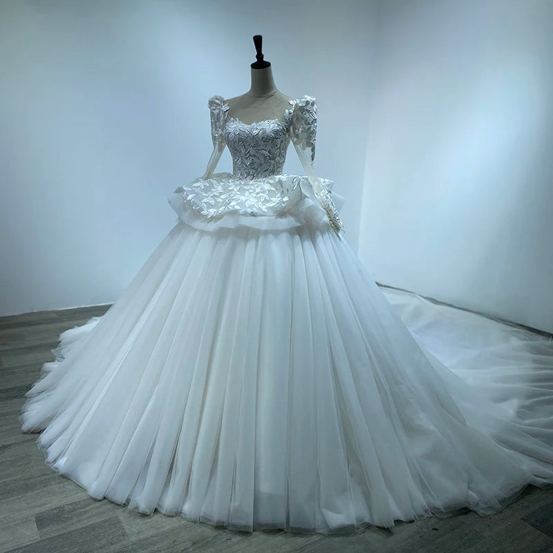 Elegant Applique Embroidery Bling Long Sleeves Layered Yarn Gown Bridal Wedding Dress - Image 2