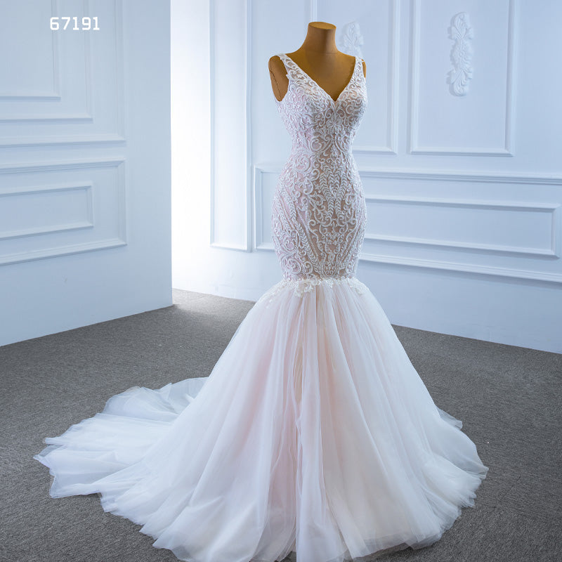 Deep V Neck Lace Applique Elegant Mermaid Women Wedding Dress - Image 8