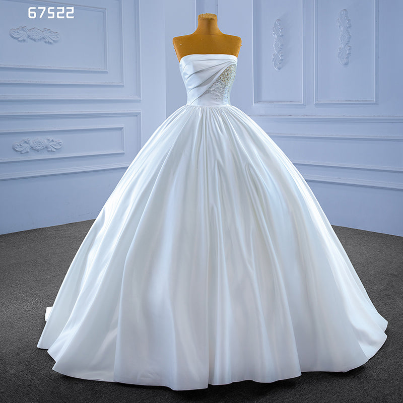 2022 New Simple Elegant White Sleeveless Satin Pearl Tube Top Bridal Dress