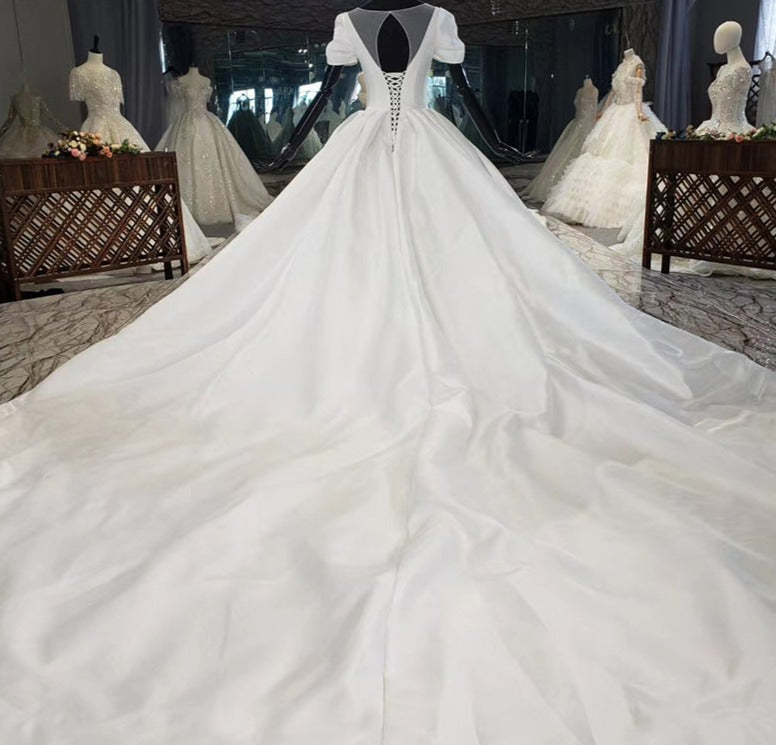 V Neek Satin White Long Train Wedding Dress Ball Gown - Image 5