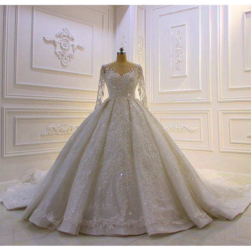 Lace Tulle Glitter Long Sleeve Embroidery Wedding Dress Bridal Gowns