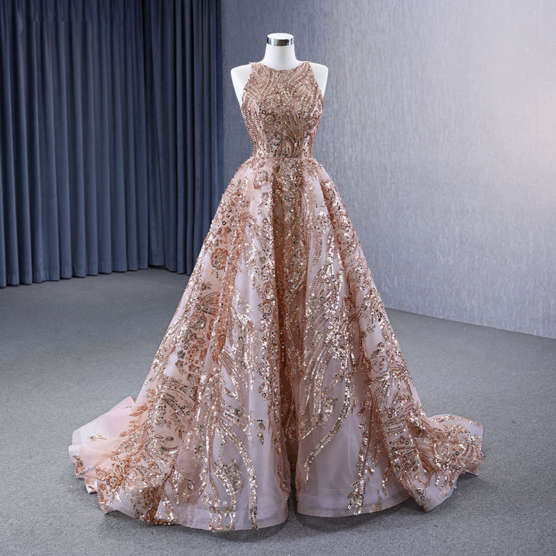 Classic O-neck Sleeveless Elegant Sequins Evening Gowns Dress