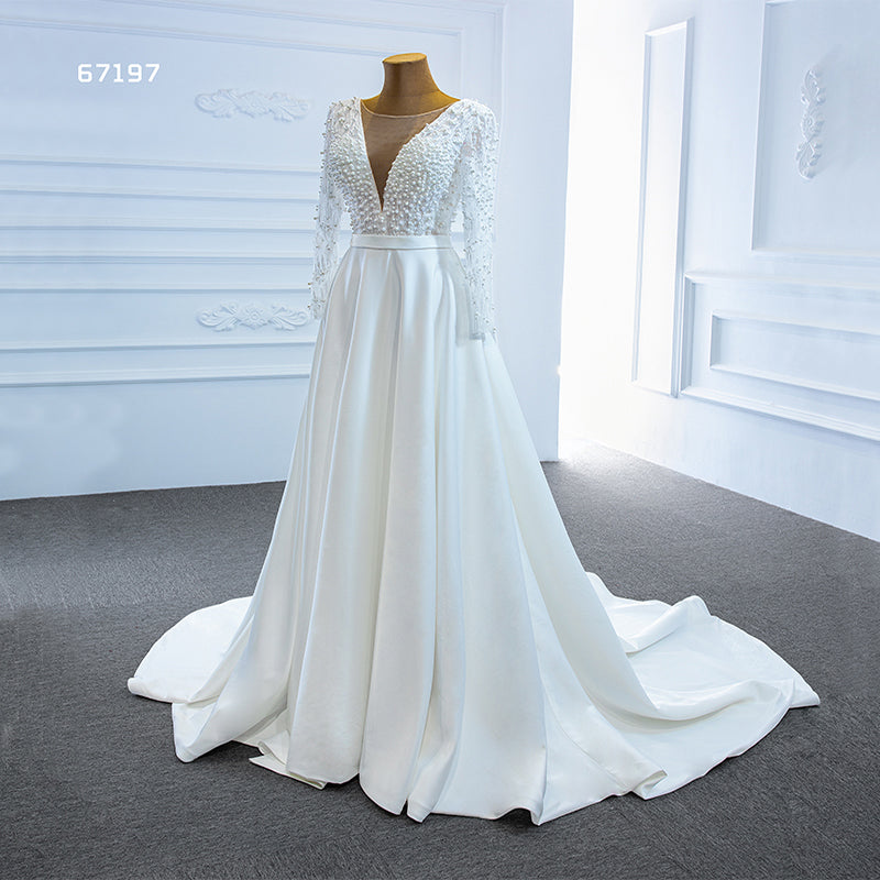 Long Sleeve Full Pearls Princess Ball Gown Wedding Dress