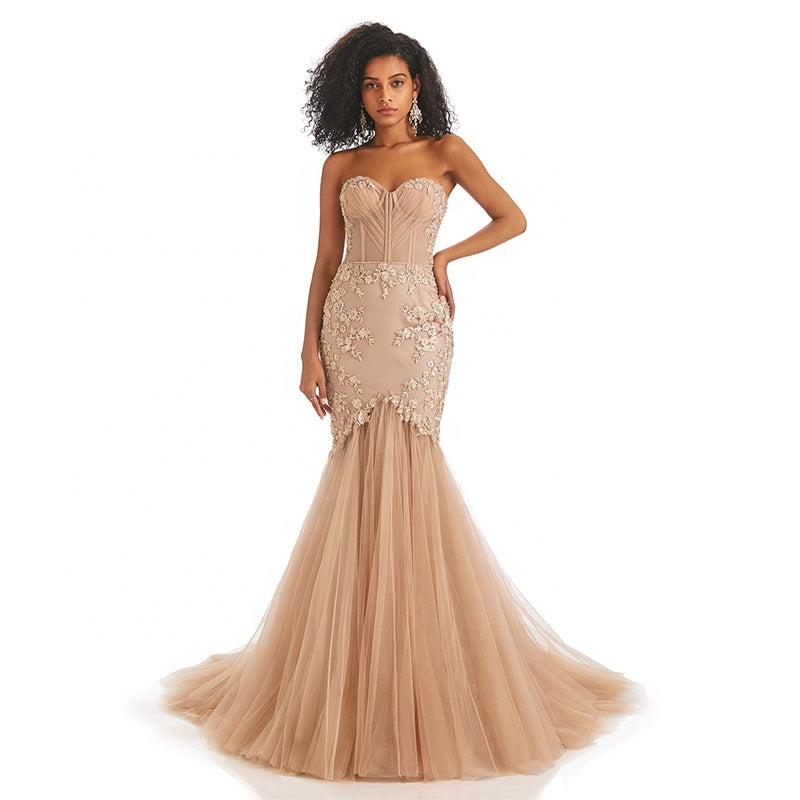 Latest Design Boho Dresses Long Women Lace Beaded Slim Fit Plain Evening Dresses