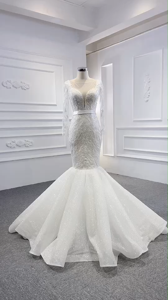 Long Sleeve Lace Mermaid Lace Elegant Bride Wedding Dress - Image 2
