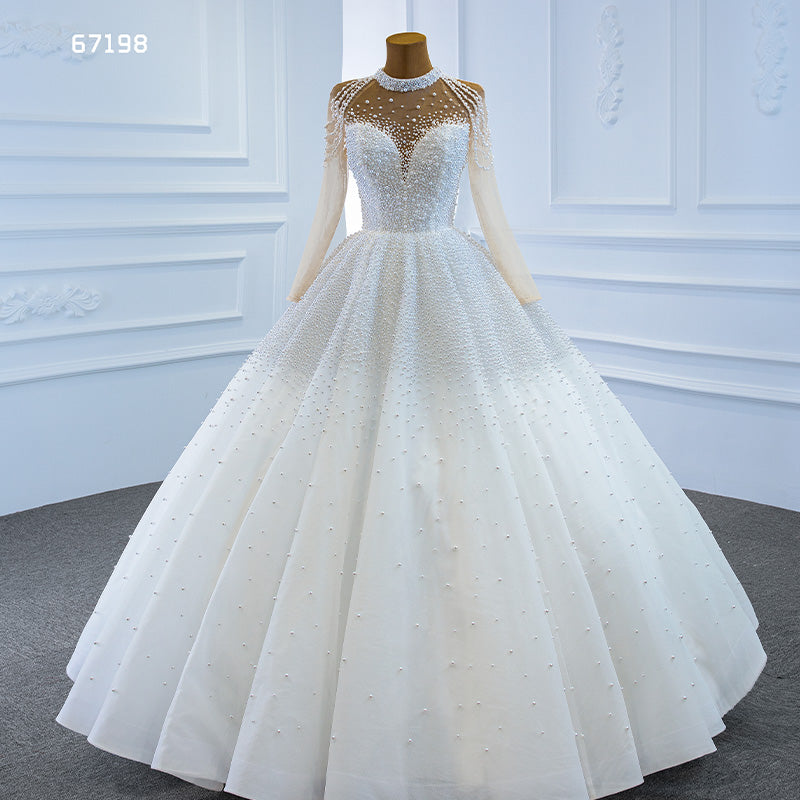 Modest Long Sleeve Elegant Luxury Full Pearl Wedding Dress - Image 4