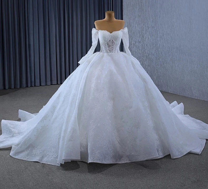 White Luxury Wedding Dresses applique embroidery Beaded Lace Up High-end Bride Gowns
