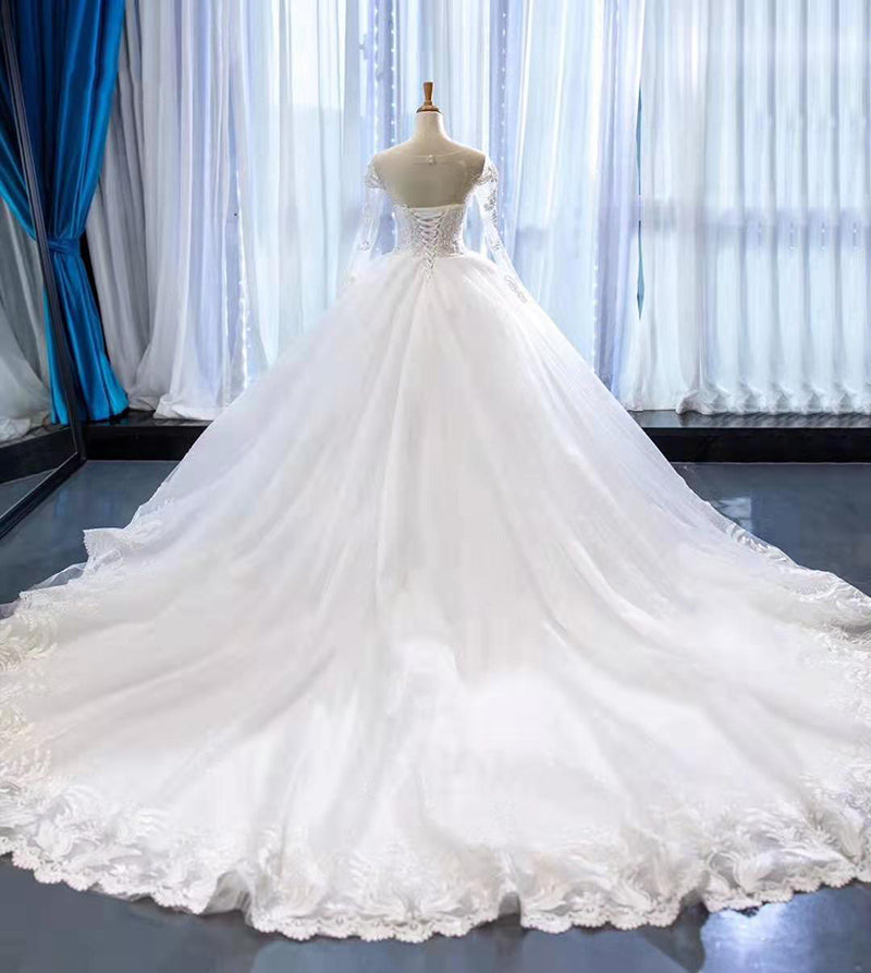 long sleeve lace wedding gown with train sweetheart applique lace wedding dress - Image 3