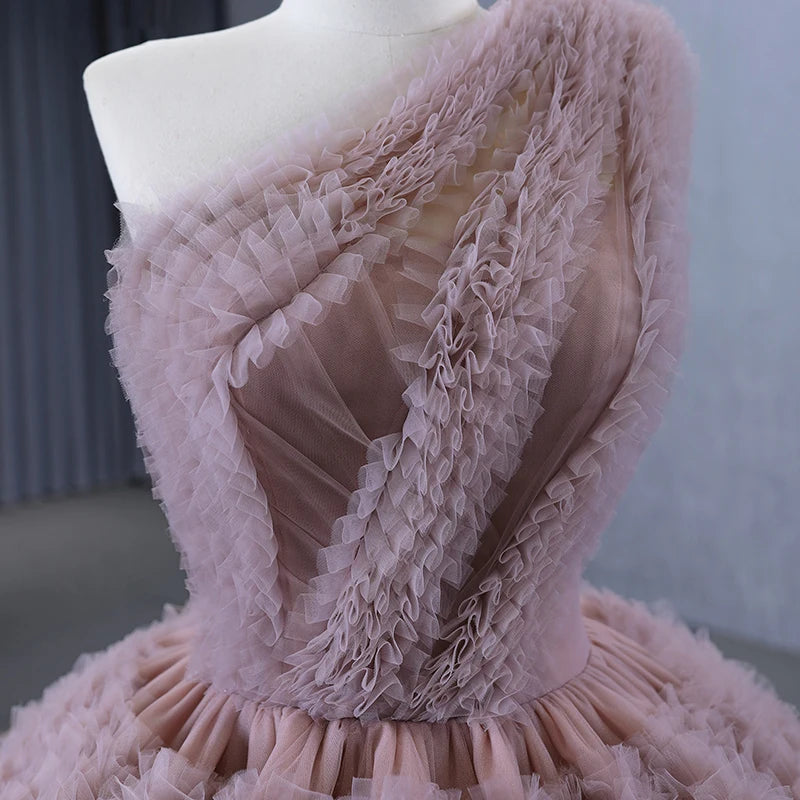 Intricate Shirred Prom Dress One-Shoulder Sleeveless Modest Backless Layered Puffy Tulle Floor Length Party Gowns - Image 3