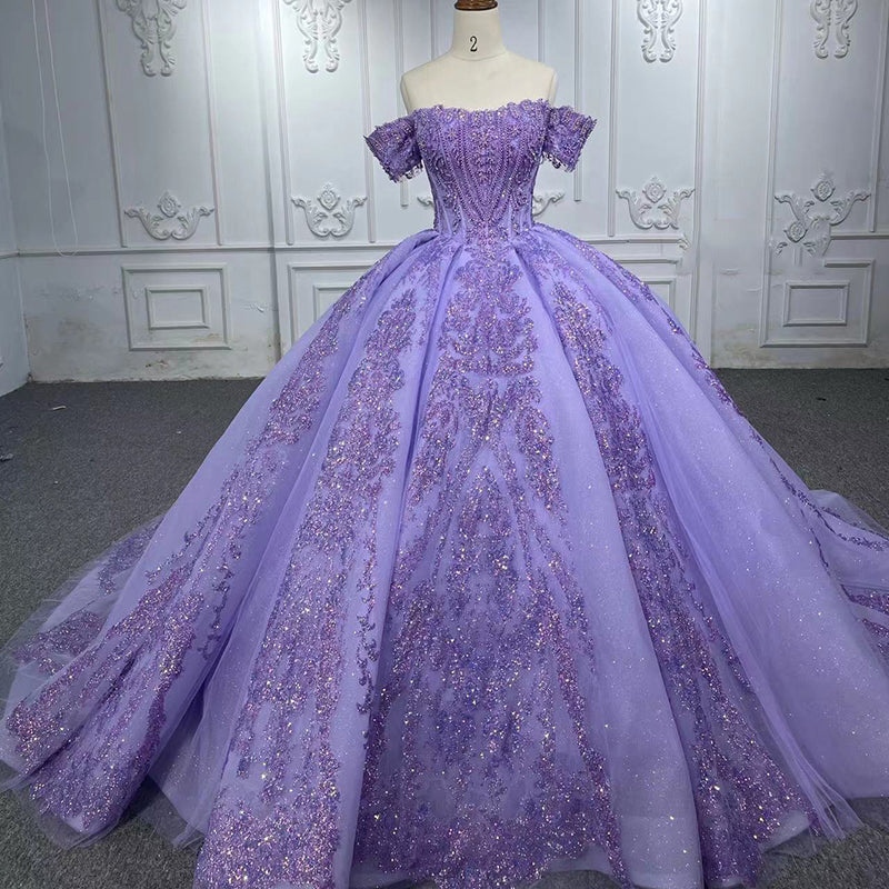 Modest Beading Purple Off Shoulder Sequins Lace Ball Gown Dress