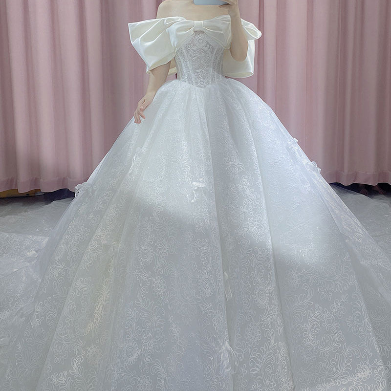 2022 New OFF-Shoulder Satin Bridal Custom Skirt Super Fairy Luxury Long Tail Wedding Dress - Image 8