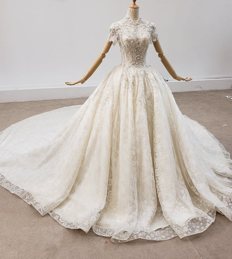 High Quality Neck Luxury Elegant Bridal Gown Wedding Dress - Image 4
