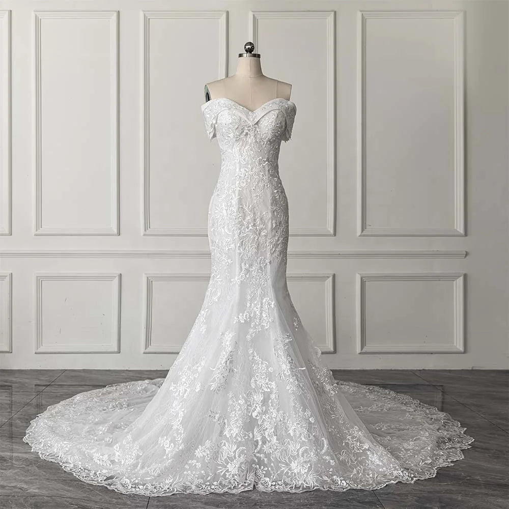 Elegant Lace Sweetheart Bridal Women's Wedding Gowns Dresses With Tail