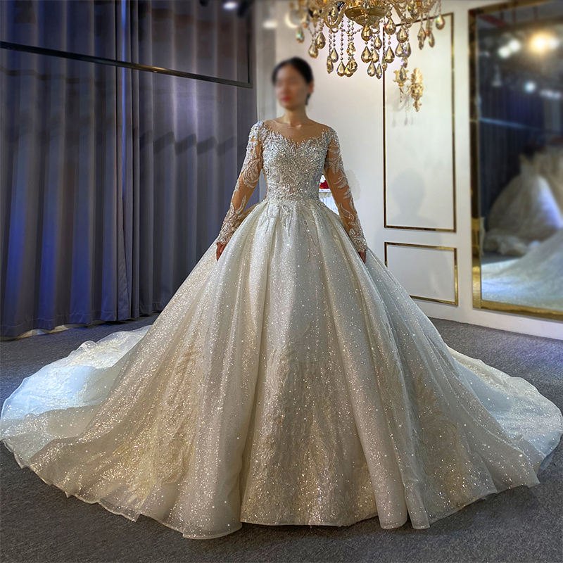 Illusion Luxury Shiny Long Sleeve Embroidery Wedding Dress