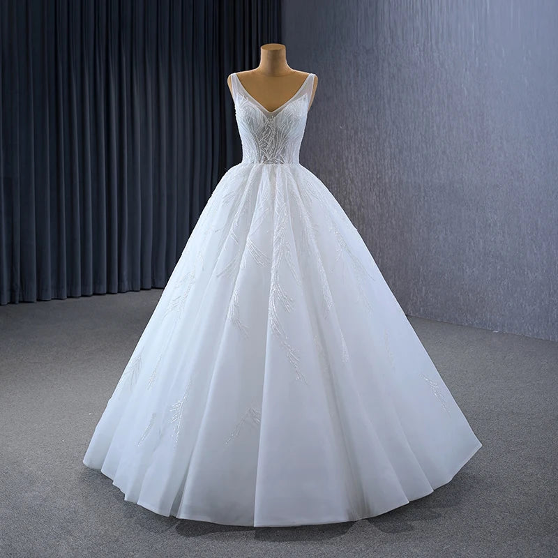 A Line Wedding Dress Shiny V Neck Princess Bride Gown Skirt Lace Up Back Bridal Dresses