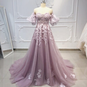 2022 New Women'S Evening Dresses Prom Dresses Sexy Tube Top Puff Sleeves Embroidered Purple Lace Dresses