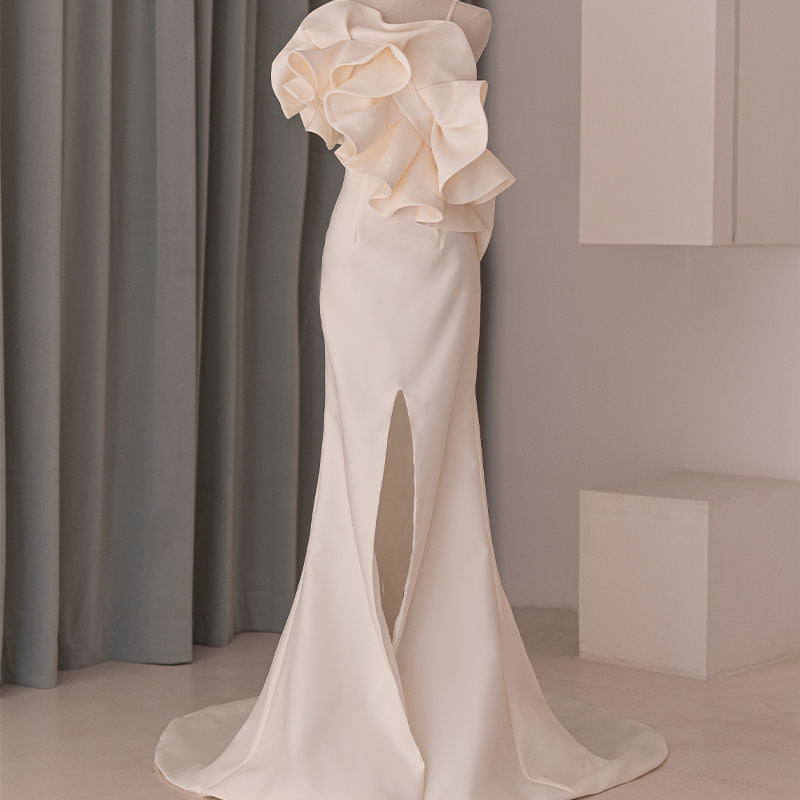 Formal Spaghetti Strap Ruffles Mermaid Satin Asymmetrical Wedding Dress